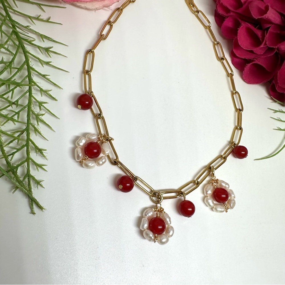 NEW⚜️Red Jade Freshwater Pearl Flower Charm Necklace - Picture 4 of 6